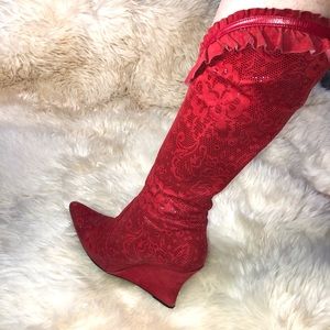 Red Italian Leather Wedged Boots